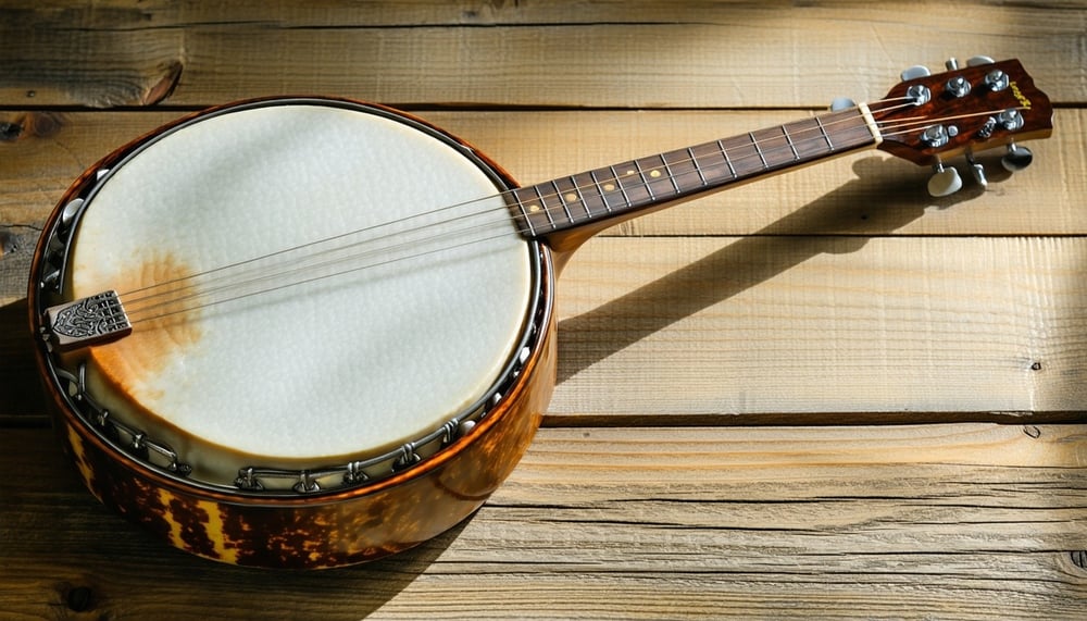 Handcrafted gourd banjo on a wooden table