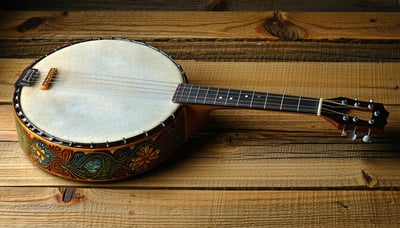 A handcrafted gourd banjo resting on a wooden table.