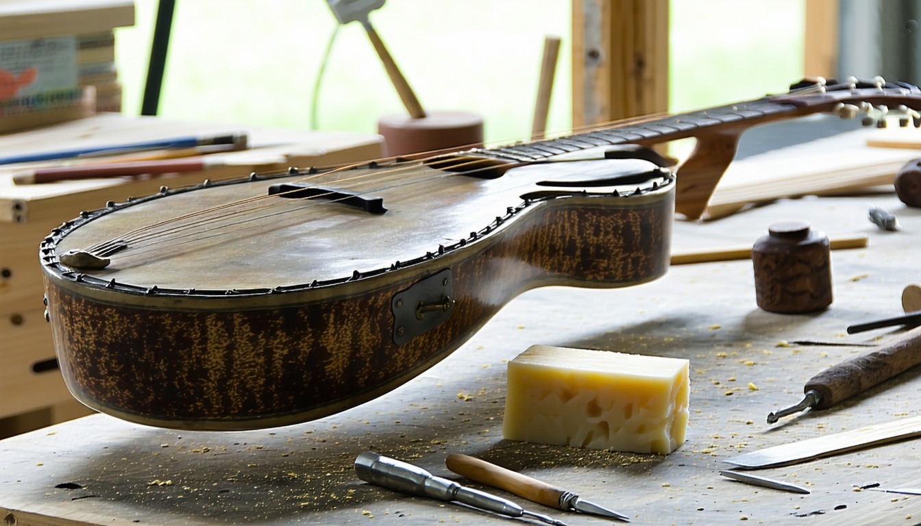Repairing a vintage gourd banjo at Big Birch Music.